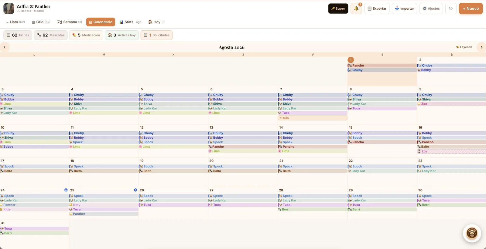 Calendario mensual de Zaffly con las estancias de cada mascota en colores