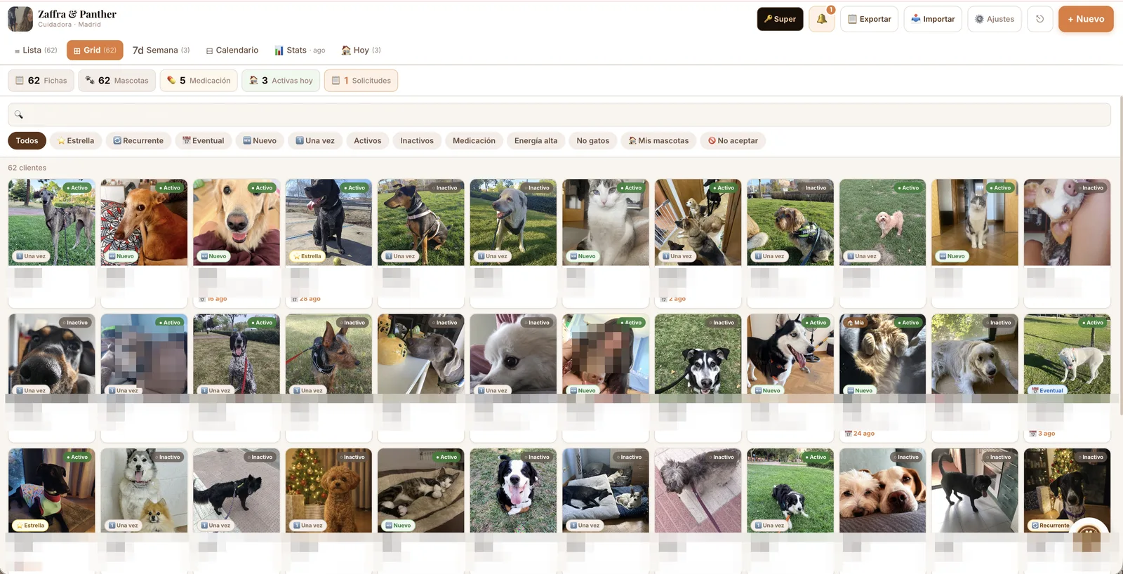 Fichas de clientes en Zaffly con foto, estado y etiquetas de cada mascota