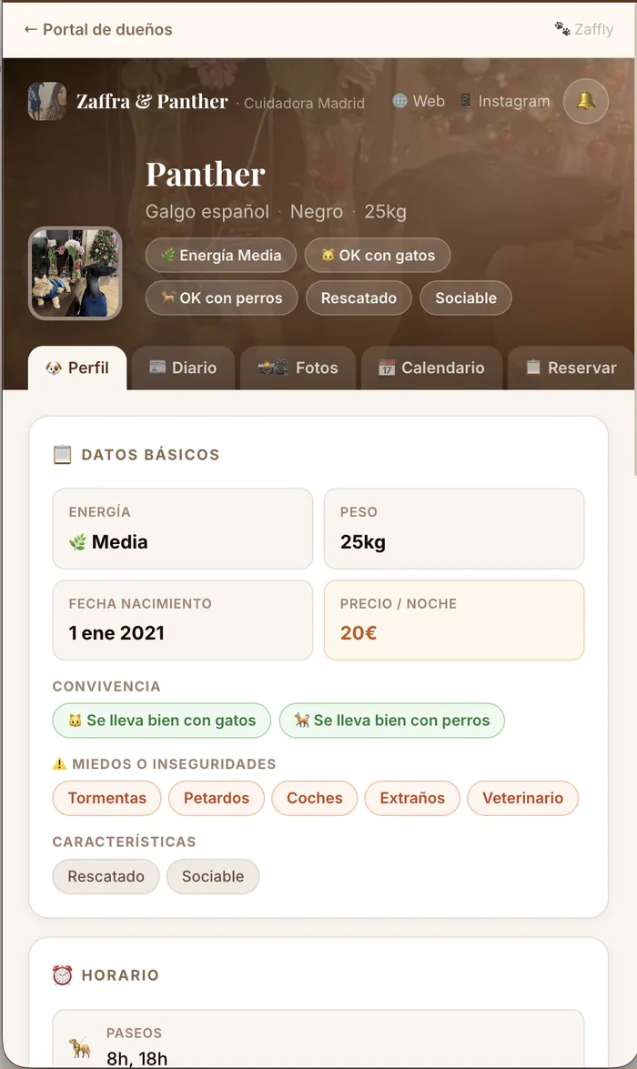 Portal del dueño en Zaffly: perfil de Panther con sus datos, convivencia y horario